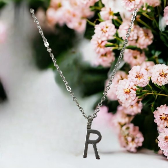 Inital R Pendant Necklace Silver with Rhinestones - Picture 1 of 4